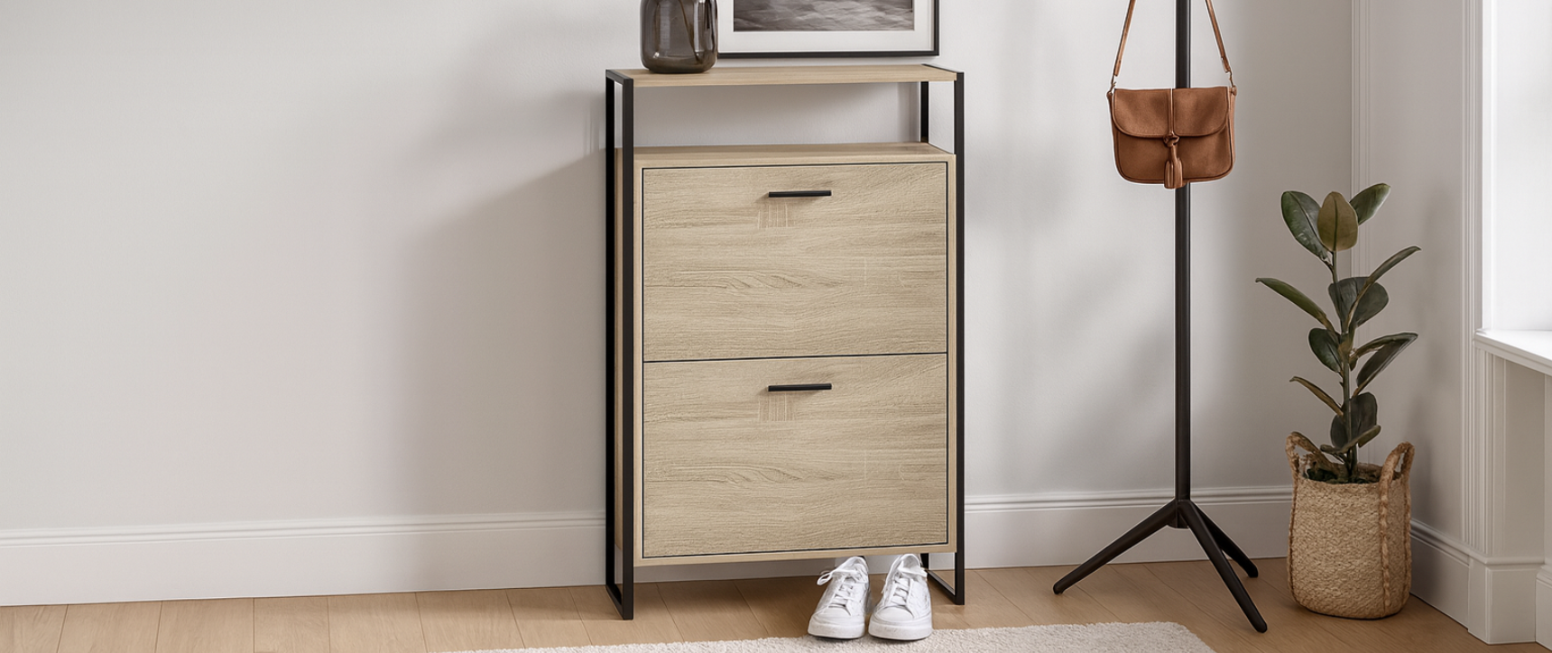 Mueble zapatero LUIS de 2 puertas con estante superior de diseño industrial