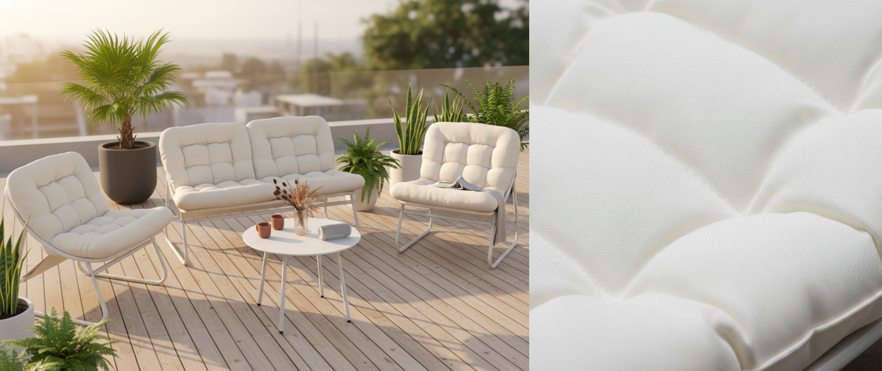 ARONA conjunto de muebles bajos de jardín de 4 plazas en metal blanco y cojines beige con sofá, sillones y mesa