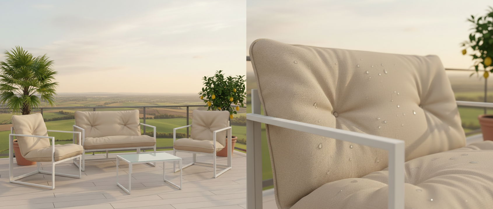 NAIROBI Conjunto de muebles bajos de jardín de 4 plazas de acero blanco con cojines beige